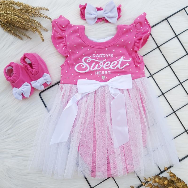 Baju jumper anak bayi cewek 3 - 8 bulan bahan katun lembut bagus dasi kupu kupu bando lucu