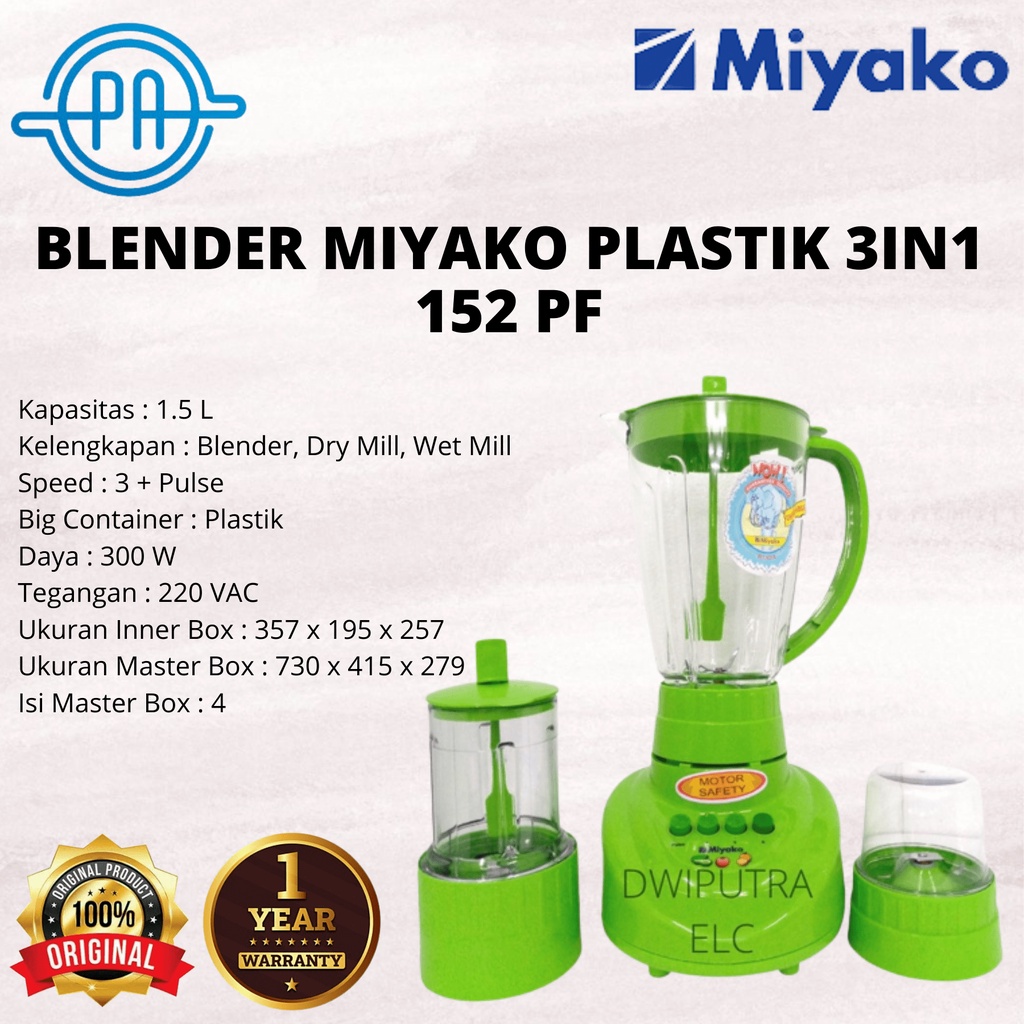 BLENDER MIYAKO PLASTIK 3 IN 1 152 PF BIG CAP FOOD GRADE ICE CRUSHER