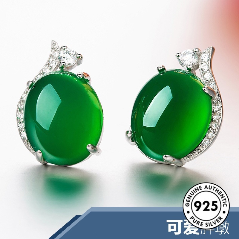 Anting Tusuk Sterling Silver 925 Elegan Dengan Batu Giok Hijau Untuk Wanita