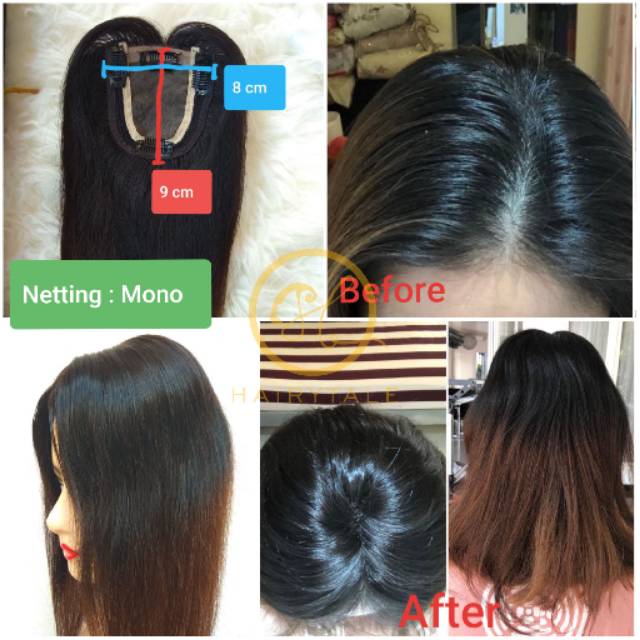 Toupee / Topper / Hair patch Wanita, penutup kebotakan scalp, model jepit, Hairytale 100% Human Hair
