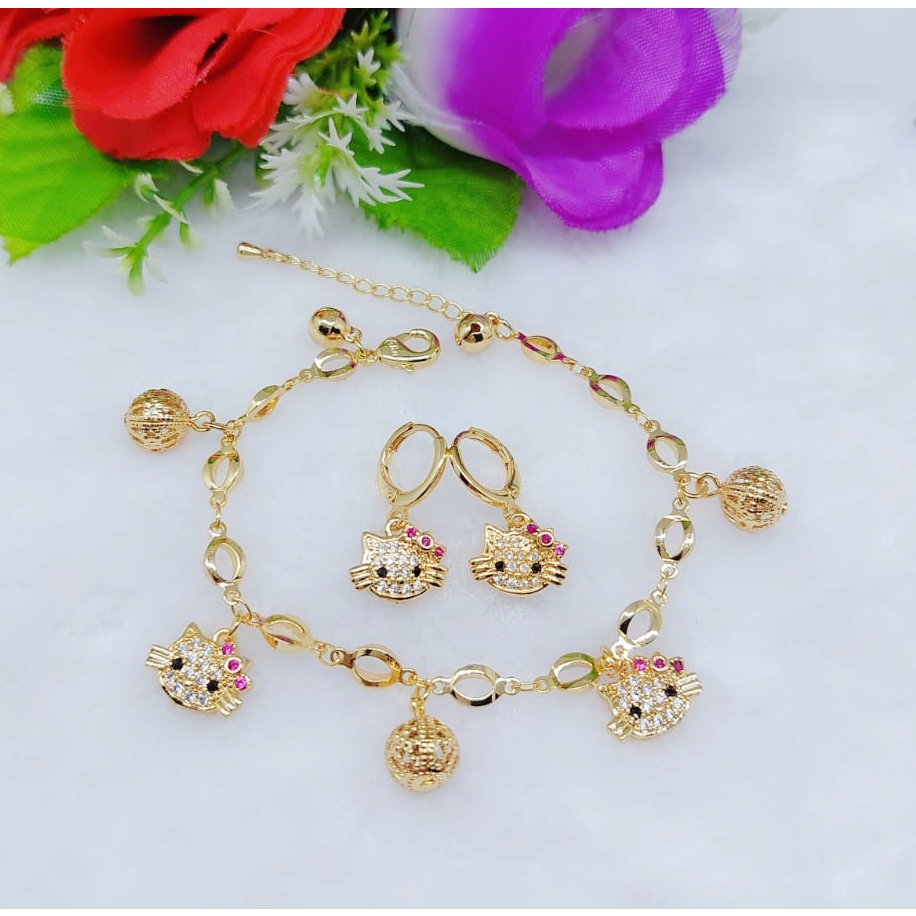 Set Gelang Kitty permata lapis emas fashion jewellery