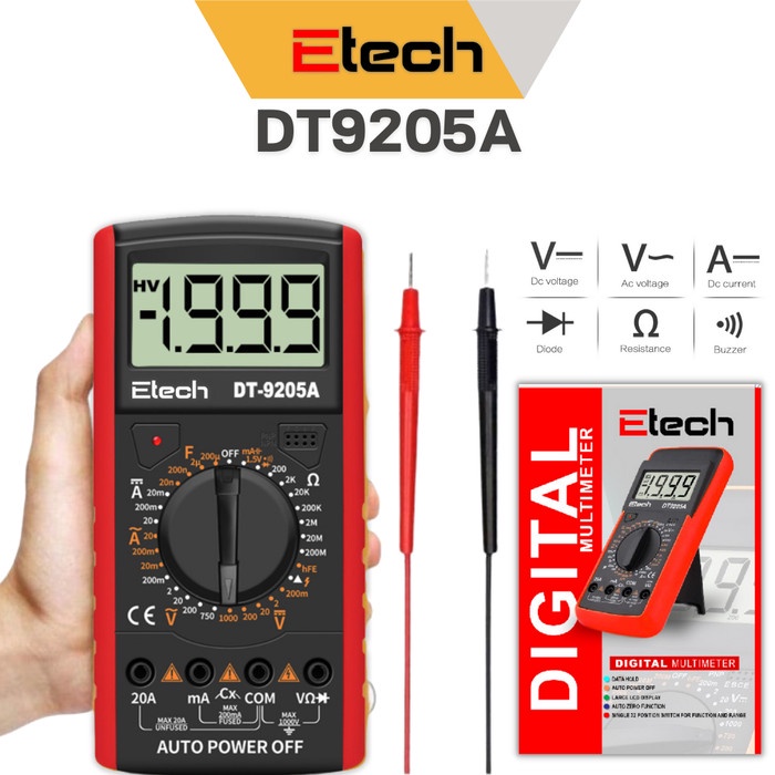 Multimeter Digital DT9205A Digital Multitester Avometer DT-9205A Multi Tester Layar Besar -  E.TECH