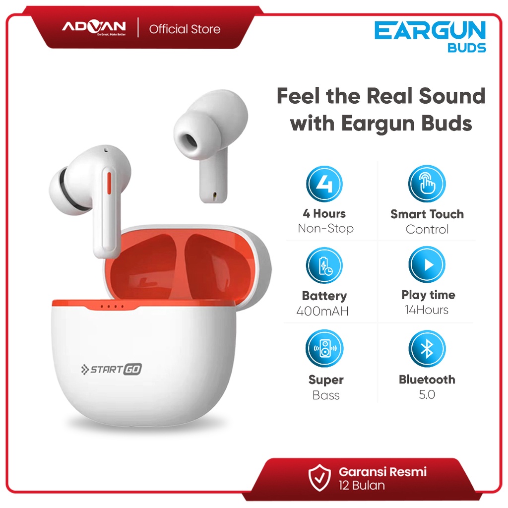 Advan StartGo Eargun In-Ear TWS Earphone Bluetooth Waterproof Garansi Resmi - Putih