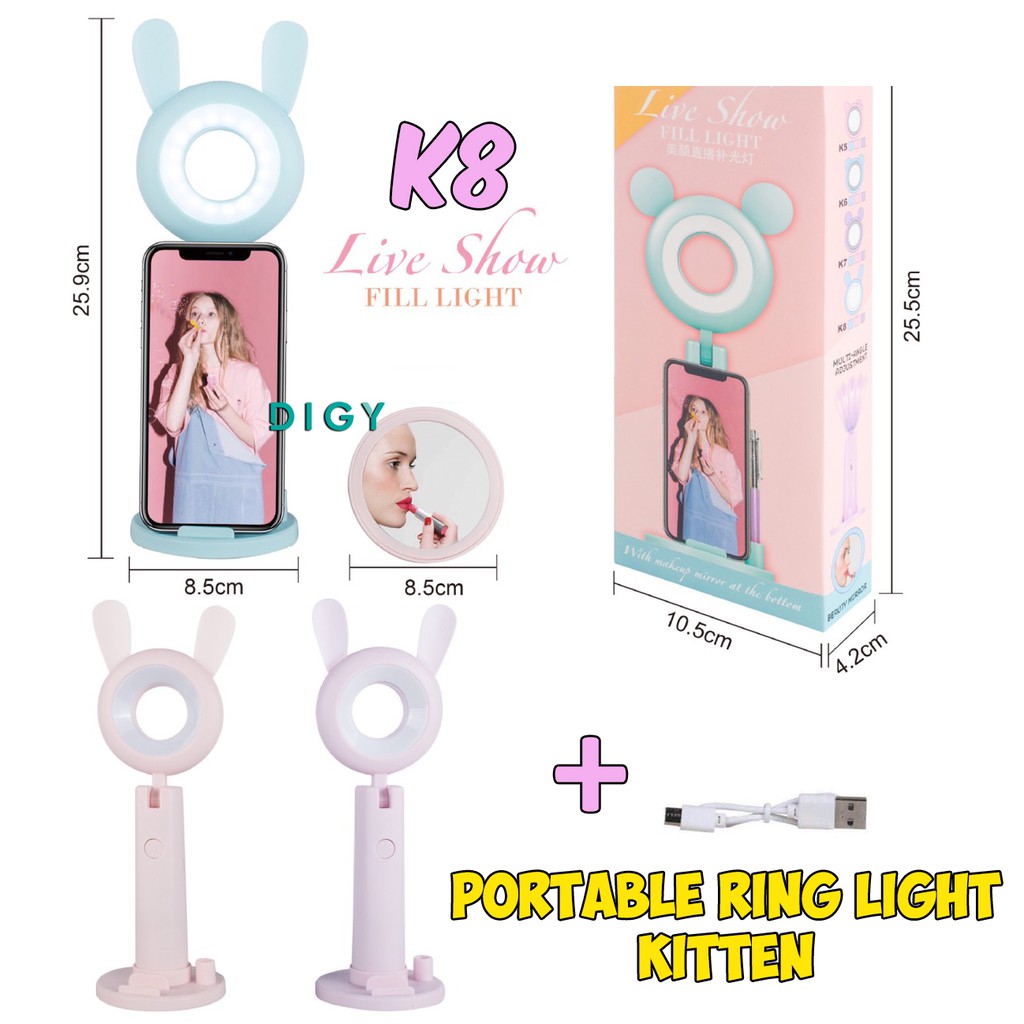 Termurah korea style Portable Ring Light KITTEN Tripod Murah Lampu Bundar Hp smartphone Karakter