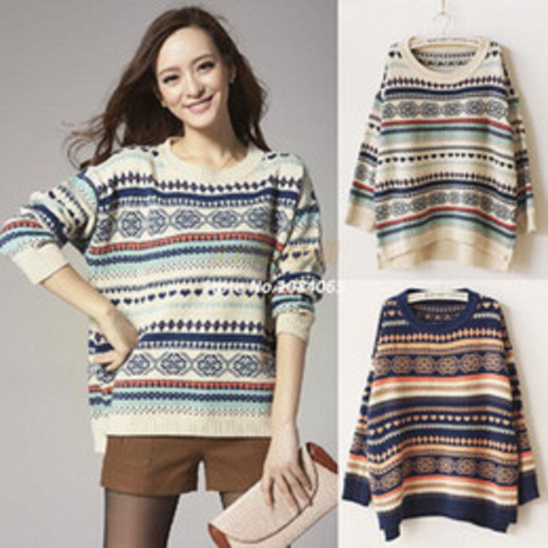 [sweater love RO] Sweater Wanita Rajut Putih/Navy