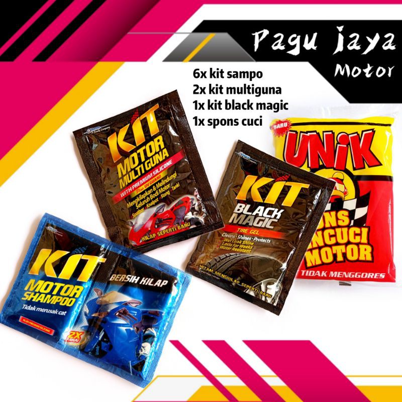 paket cuci motor bersih (6 shampo kit biru, 1 black magic, 1 spon cuci, 2 kit multiguna sachet)