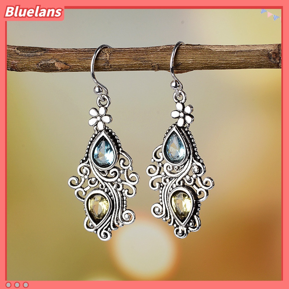 Bluelans Vintage Women Water Drop Rhinestone Flower Dangle Hook Earrings Jewelry Gift