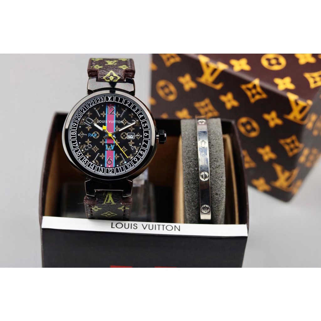 Best Seller  Jam Tangan Wanita Lv06100L Tali Kulit Motif + Box, Gelang Strap Free Baterai Cadangan