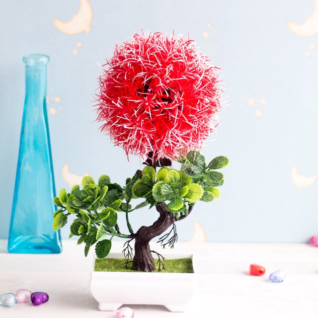 COD/BONSAI HIAS TANAMAN ARTIFISIAL BUNGA DEKORASI RUANGAN BUNGA PLASTIK POT BULAT PUTIH BP8818-Merah