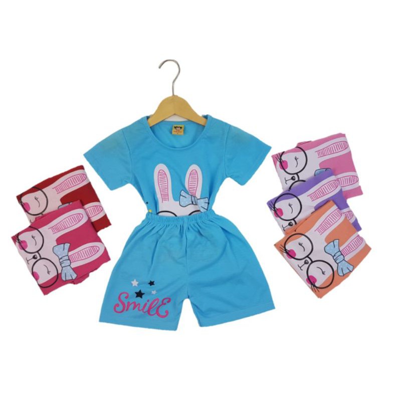 SETELAN BAJU ANAK PEREMPUAN SIKUNING MOTIF RABBIT SMILE 2-6 TAHUN NEW