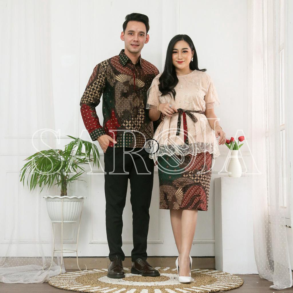 Saroja (532) Couple Batik Atasan Brukat Lengan Pendek Couple Aalona Fashion (5 Warna)