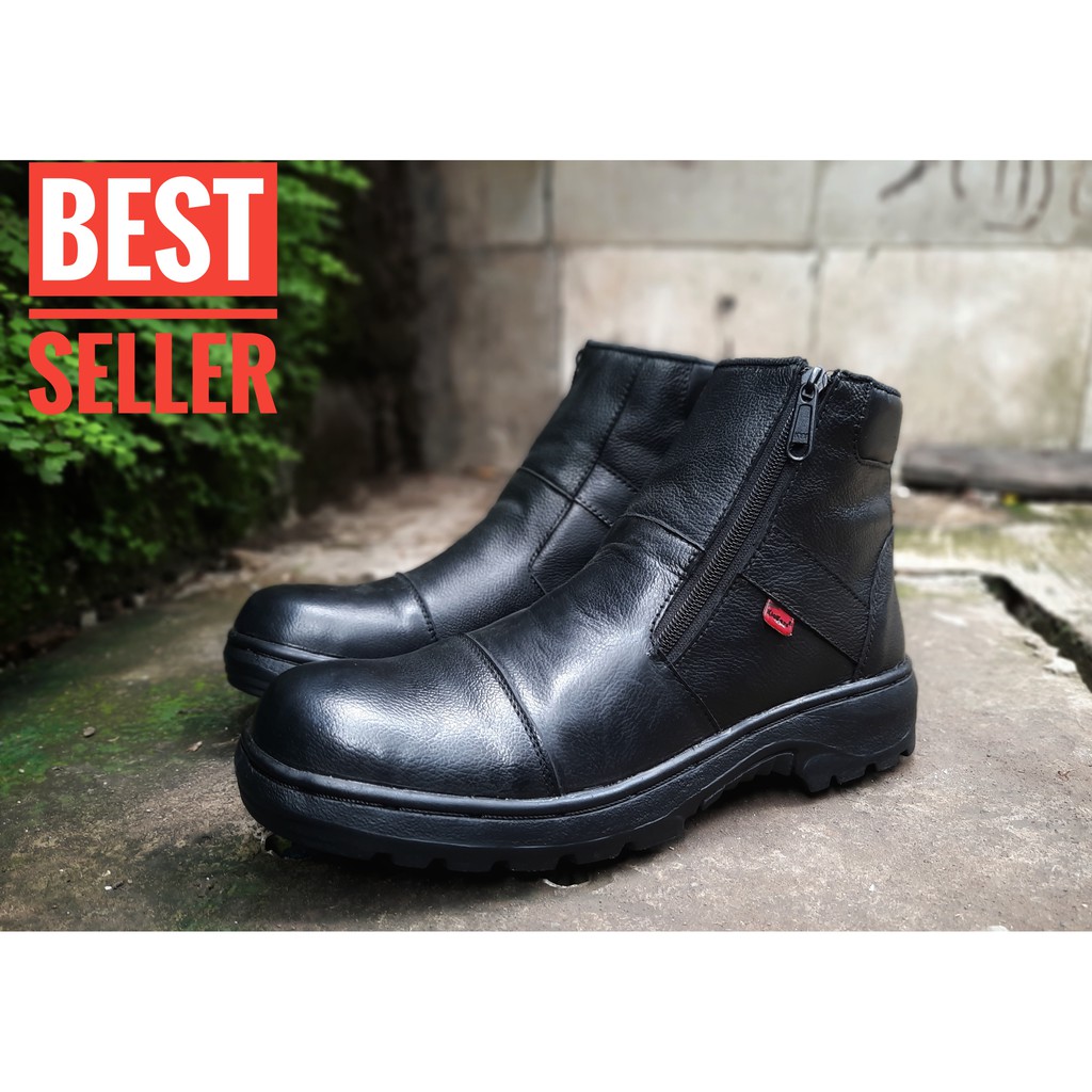 sepatu pria kulit asli,safety ujung besi,sleting samping,pdl,pdh,termurah