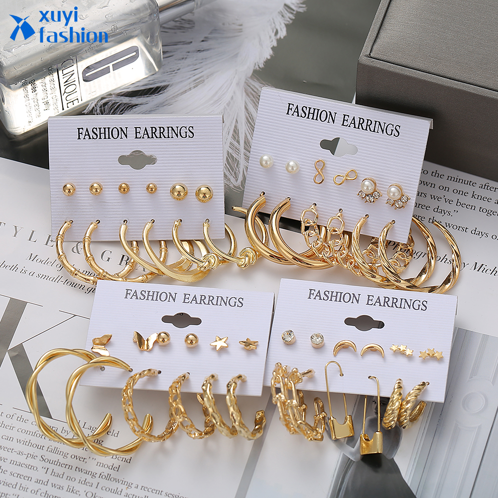 6pcs/set Fashion Pearl Butterfly Star Moon Stud Earring Creative Big Circle Tie Earrings Jewelry Accessories