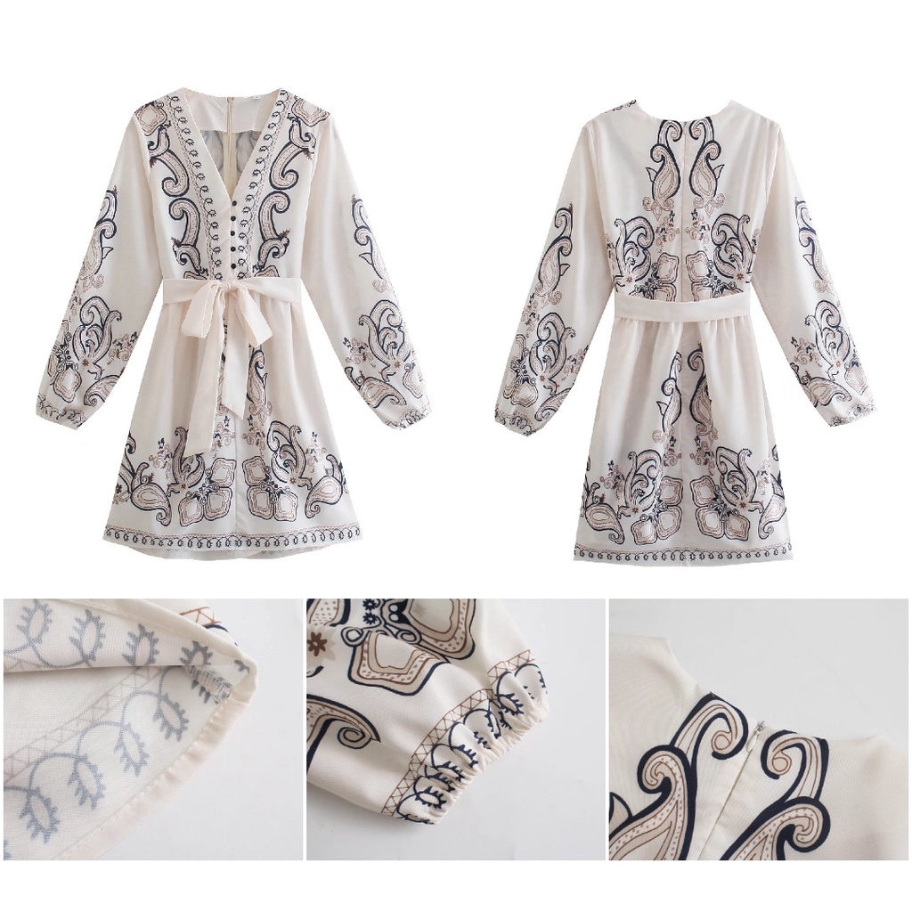 DRESS PUTIH PANTAI MOTIF VINTAGE LENGAN PANJANG V NECK PREMIUM 6VEN4538