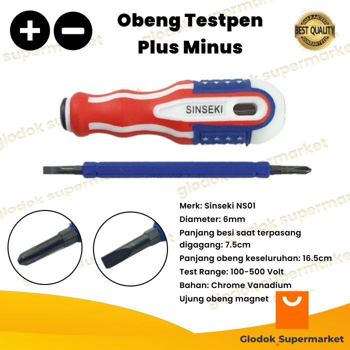 Obeng Testpen AC Bolak Balik Sinseki NS01 Panjang 7.5cm Diameter 6mm Tespen USA Plus Minus