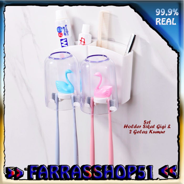 SWAN Set Holder Sikat Gigi  2 Gelas Kumur Holder gantung serbaguna