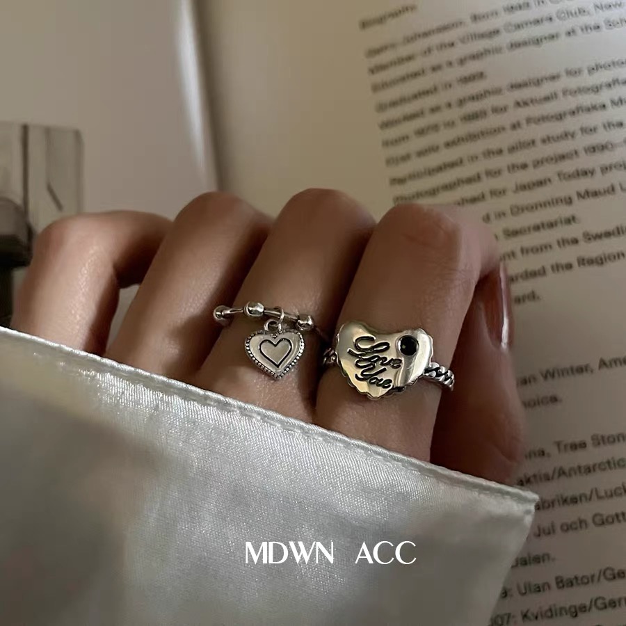 YEEZII Set Cincin Rantai Hati Model Terbuka Dapat Disesuaikan Warna Silver Gaya Retro Untuk Wanita