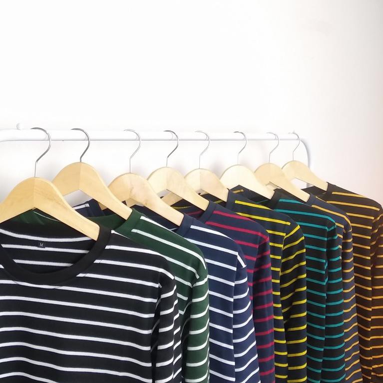 ☚ (13 Warna) Lengan Panjang Grosir Ecer Baju Kaos Stripe Belang Bergaris Salur Cotton CVC Pria Wanit