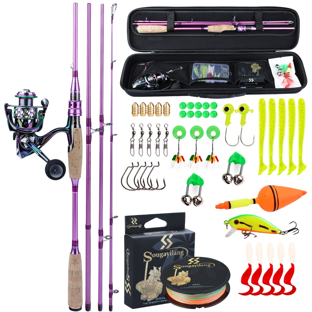 Sougayilang Joran Pancing 2.1M 4 Bagian Spinning/Casting Fishing Rod + Reel Pancing Full Set 13 + 1BB 5.2:1 Rasio Gear Combo Set Pancing