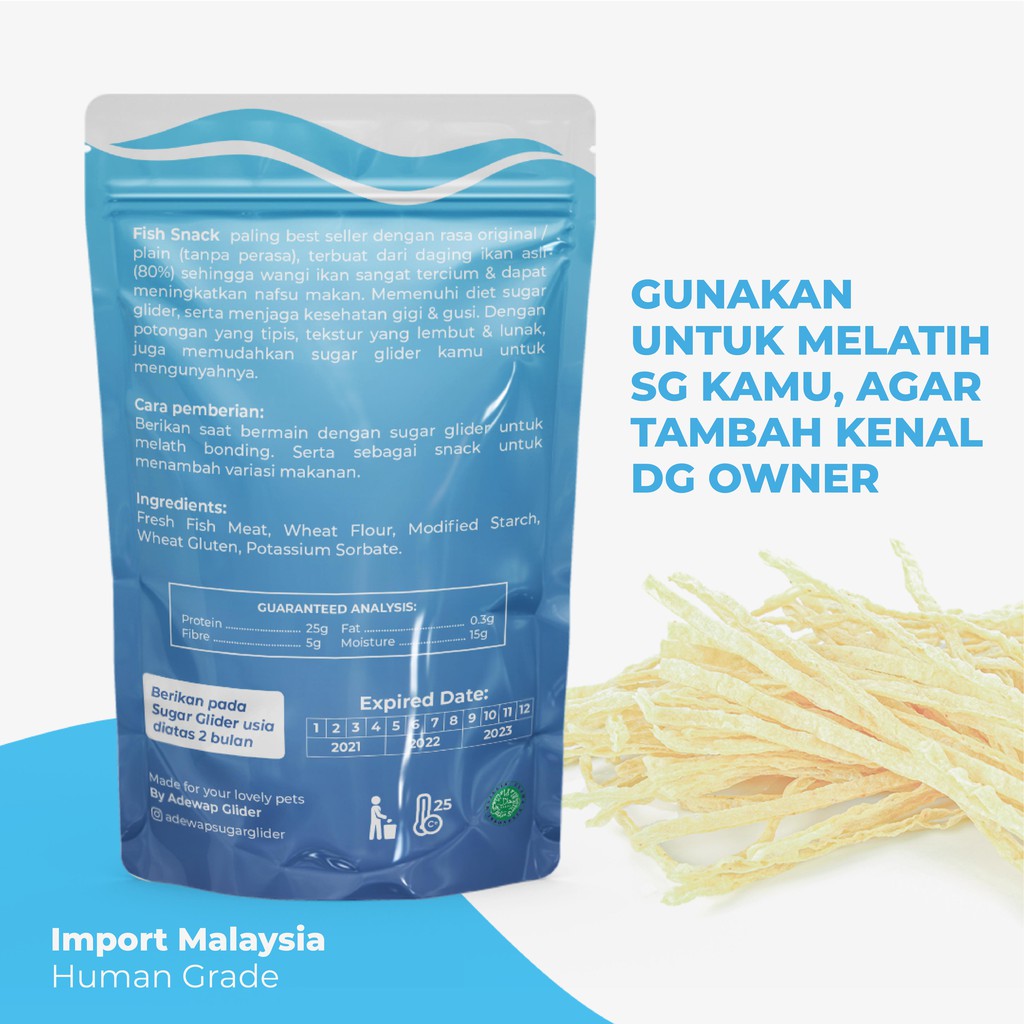 FISH SNACK CAMILAN FAVORIT SUGAR GLIDER IMPORT MALAYSIA MURAH PERAWATAN SG BONDING