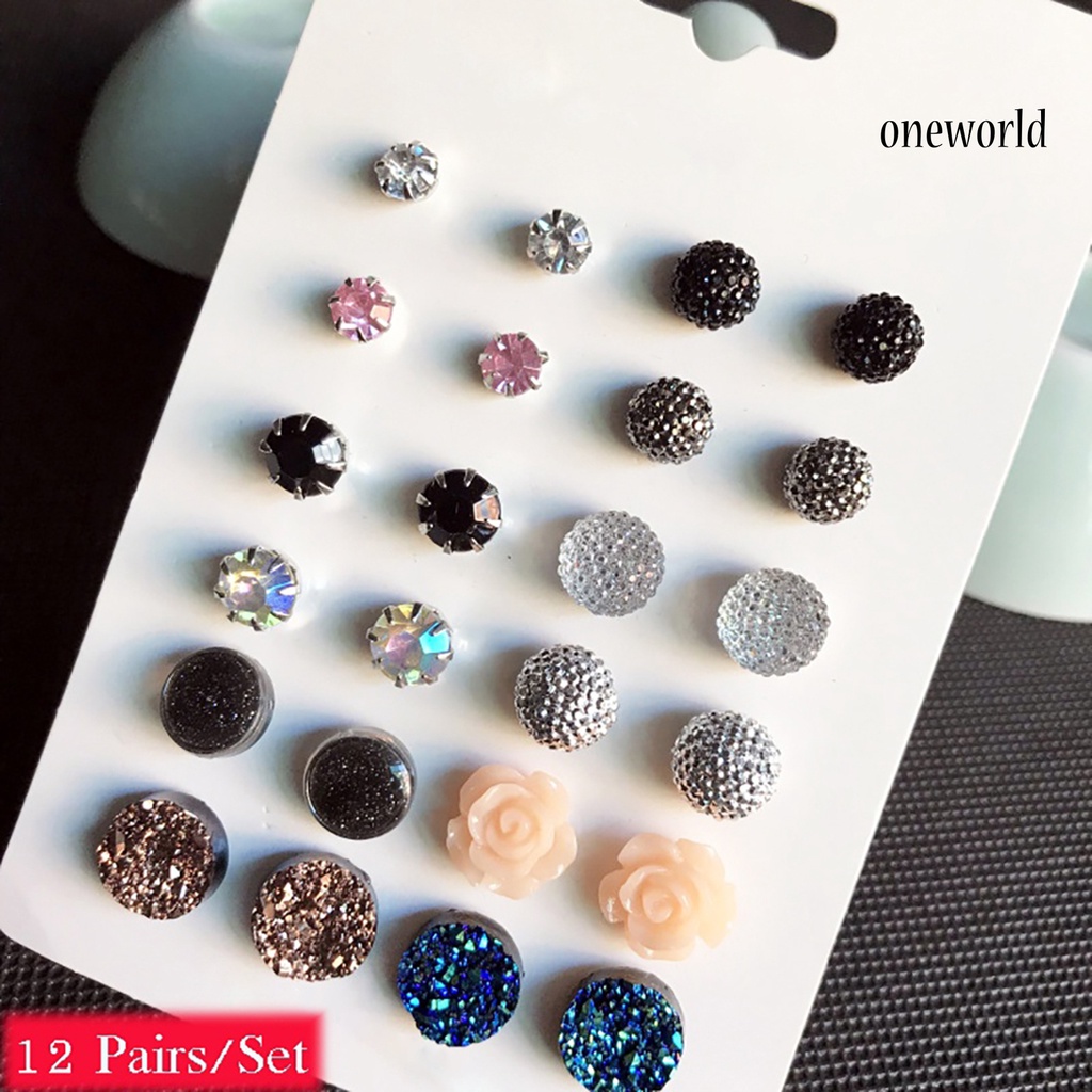 OW@ 12 Pairs Ear Studs Simple Wear-resistant Women Round Rhinestone Flower Earrings Set for Party