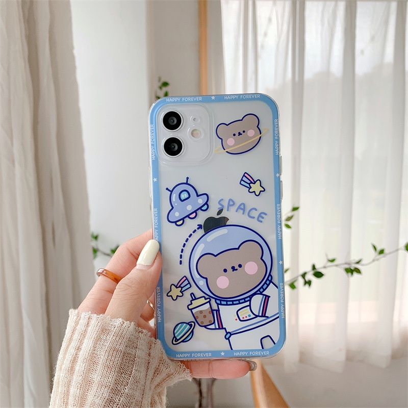 IPHONE Kartun Lucu Milk Tea Space Bear Transparan Phone Case Cover Untuk Iphone6 6s 78 PLUS X XR XS 11 12 13 PRO MAX SE 2020