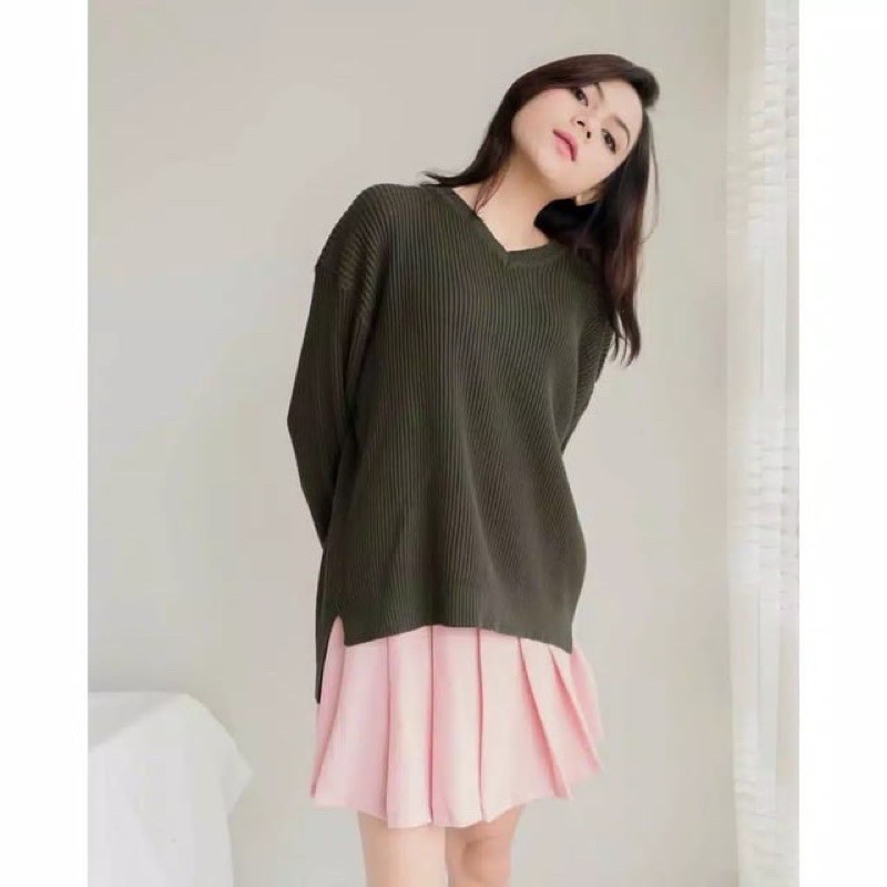 BOXY V NECK Rajut Premium Halus Sweater Rajut Boxy Muat XL-Army Boxy V