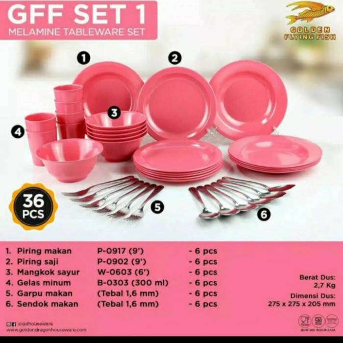 L.Maryanne Piring&Mangkok&Gelas Melamin Gff Set 1 Golden Flying Fish 36 Pcs - Pink