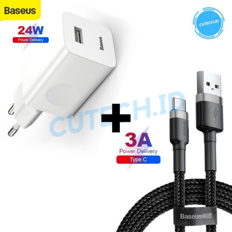 BASEUS PAKET BUNDLING KEPALA CHARGER 24W QC 3.0 + KABEL DATA MICRO USB / TYPE C / LIGHTNING