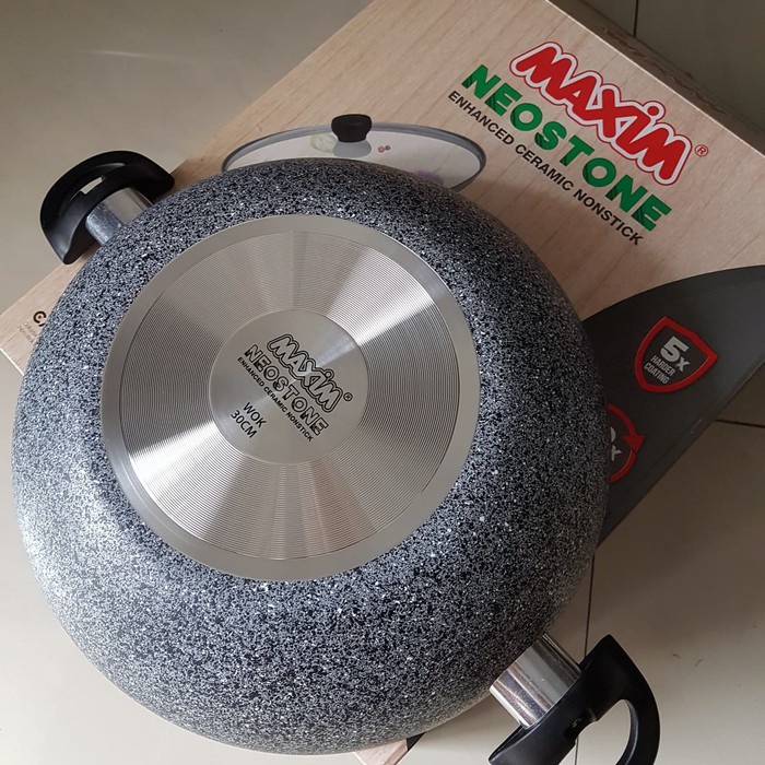 MAXIM NEOSTONE Wajan Kuali Keramik 30 cm WOK - Kuali Anti Lengket Marble Ceramic / Panci keramik + tutup Kaca