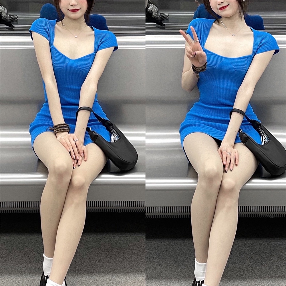 Gadis Panas Korea Biru Rajutan Lengan Pendek Gaun Ketat Wanita Pinggang Slim Seksi Paket Hip Rok Pendek