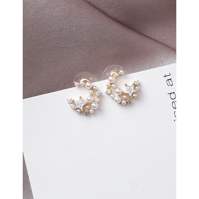 LRC Anting Tusuk Fashion Golden 925 Silver Pin Pearl Moon Star Stud Earrings D59720