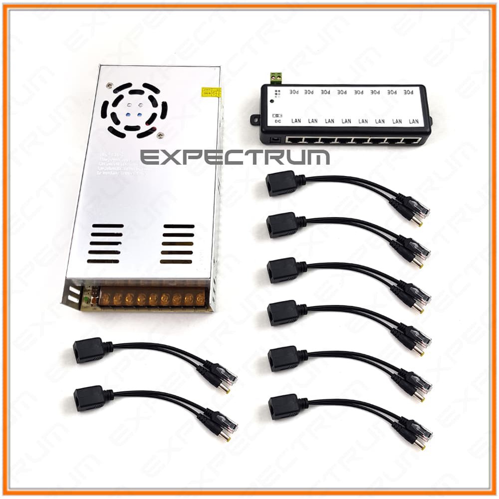 Paket Poe 8 port, Psu 12v 30A &amp; Kabel Poe Splitter Atas 8pcs / Ipcam