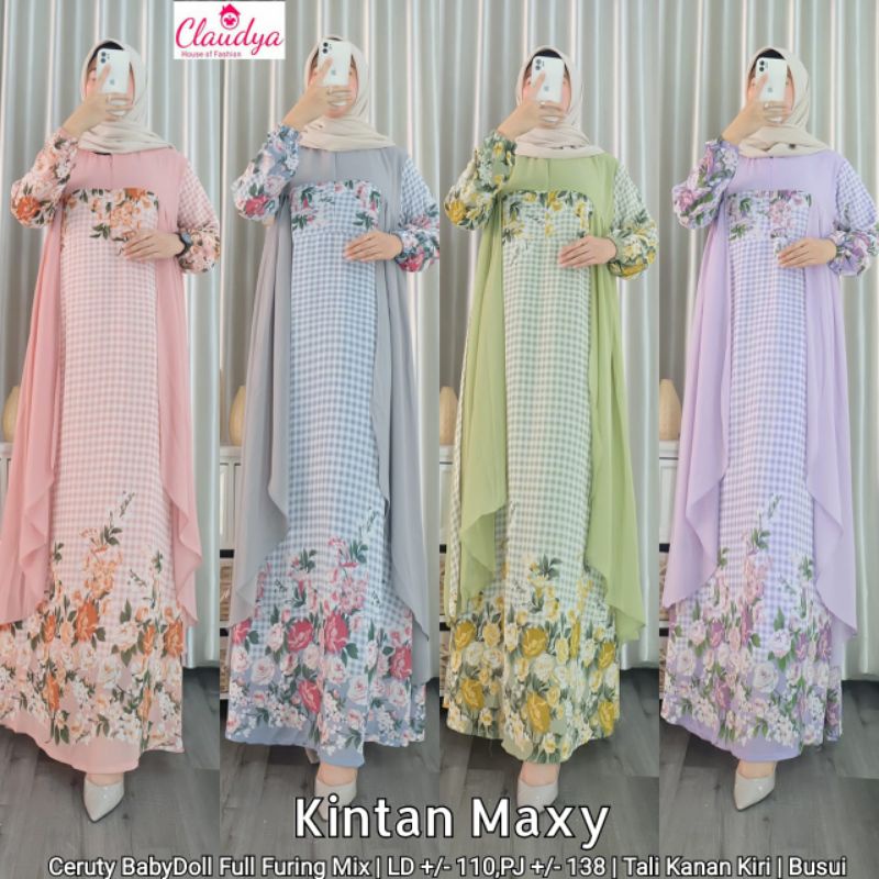 GAMIS CERUTI BABYDOLL MOTIF KOTAK & BUNGA KINTAN MAXY BY CLAUDYA
