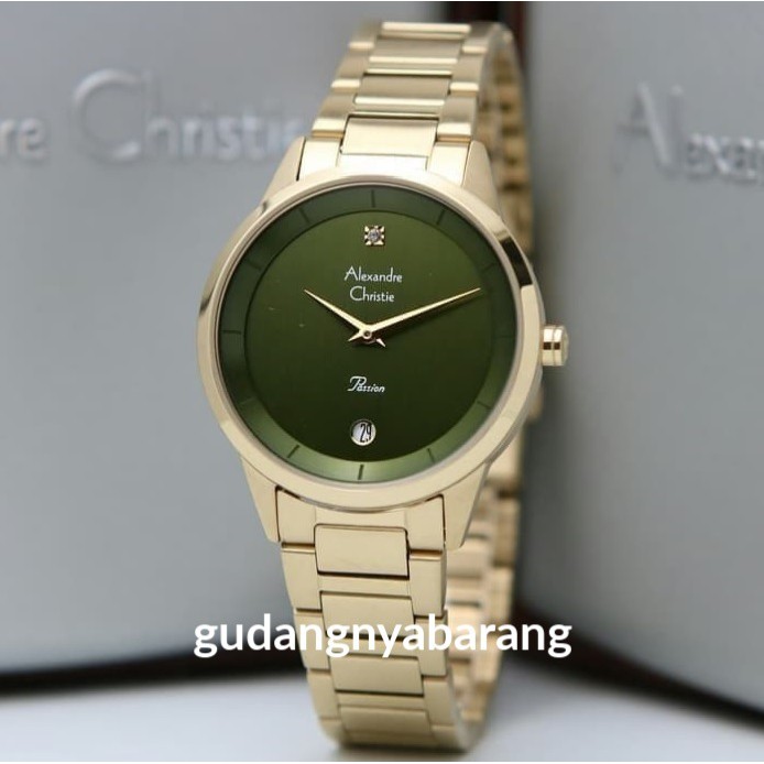 JAM TANGAN WANITA - CEWEK - WOMAN ALEXANDRE CHRISTIE AC 2820 GREEN HIJAU GOLD ORIGINAL CANTIK