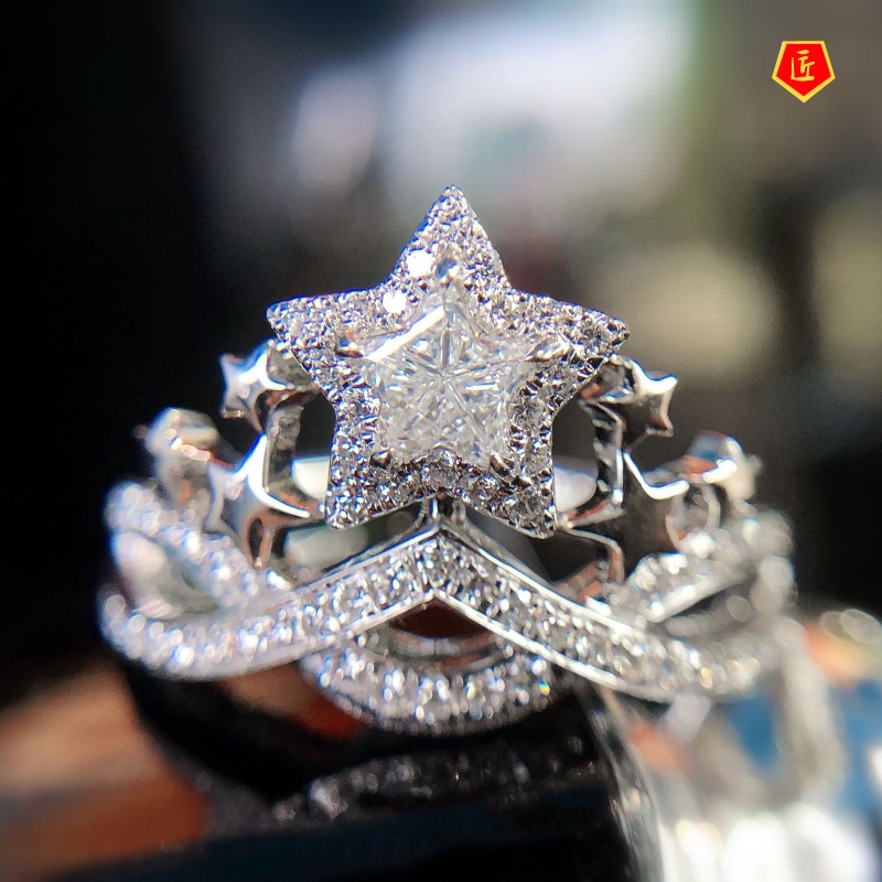 [Ready Stock]New Luxury Five-Pointed Star Diamond Crown Ring