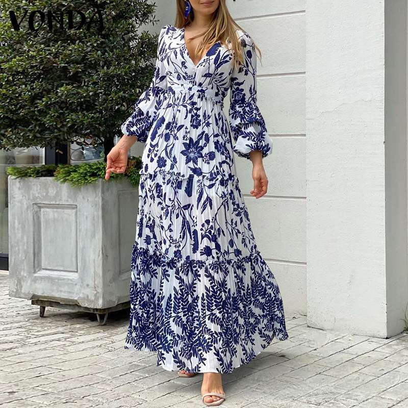 Women Long Sleeve Floral Printed Maxi Dress VONDA 2021 Sexy Deep V Neck Party Long Dresses Kleid Bea