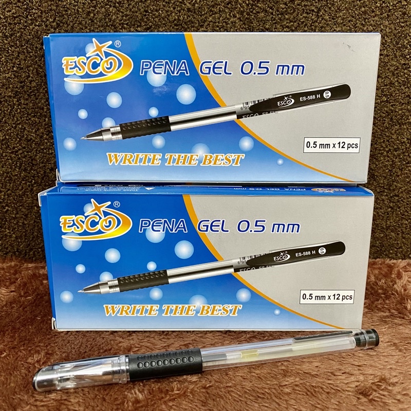 Pena Gel Esco 0,5mm Warna Hitam / Pulpen Gel Esco 1 Lusin