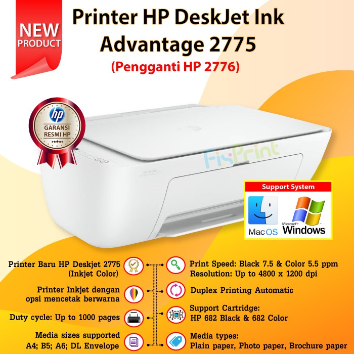 Printer HP Deskjet Ink Advantage 2775 Print Scan Copy All-In-One New photo berwarna multifungsi putih garansi wireless