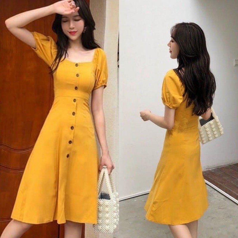 midi dress casual warna kuning yellow mustard dengan model kancing CODE TG49-751
