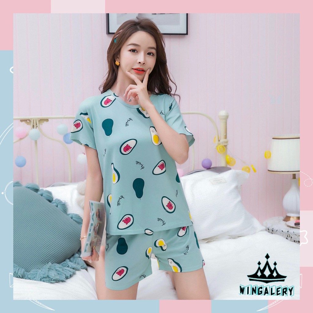 ✨WINGALERY✨ Pakaian Wanita Baju Tidur Piyama Lengan Pendek Import Motif Kartun Fit to XXL 4019-2-1