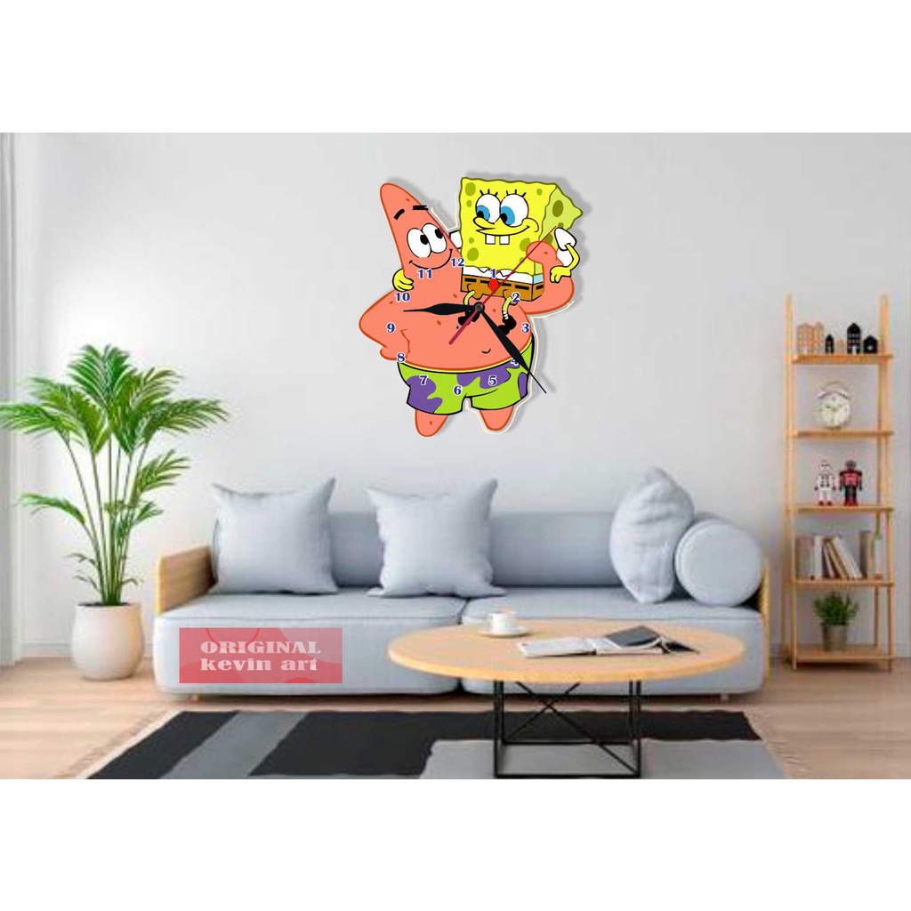 JAM DINDING ANAK ANIMASI SPONGEBOB HIASAN DEKORASI PAJANGAN UNIK BESAR KEVINART TERBARU FURNITURE