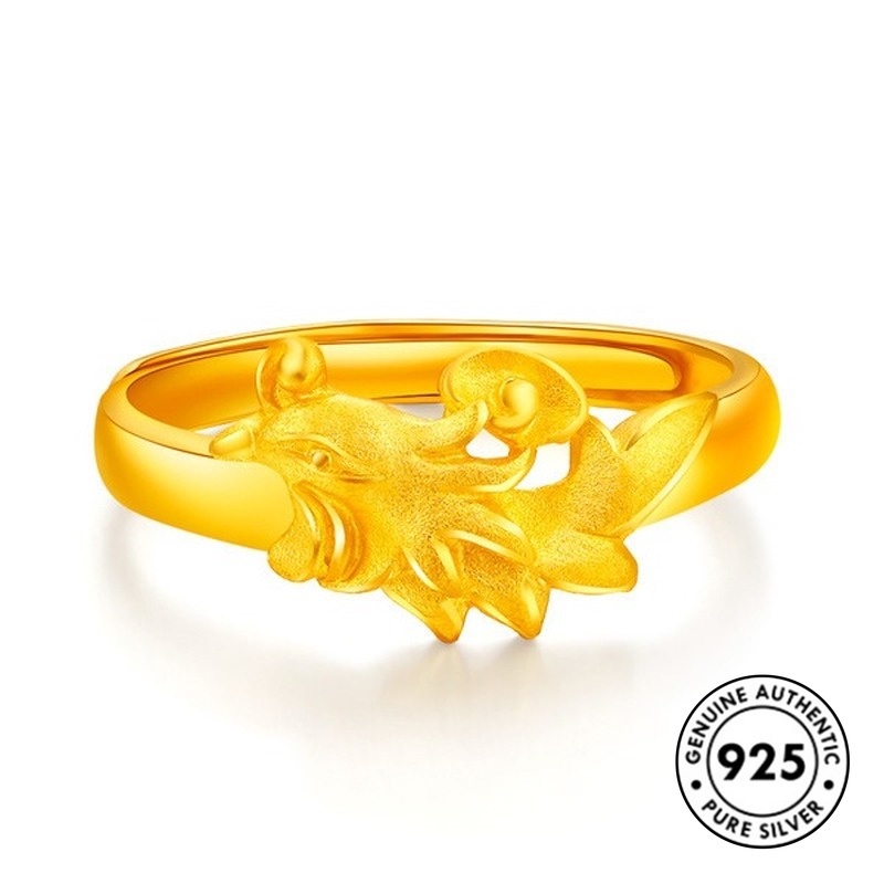 Cincin Pasangan Lapis Silver S925 Motif Naga + Burung Phoenix Untuk Pria / Wanita