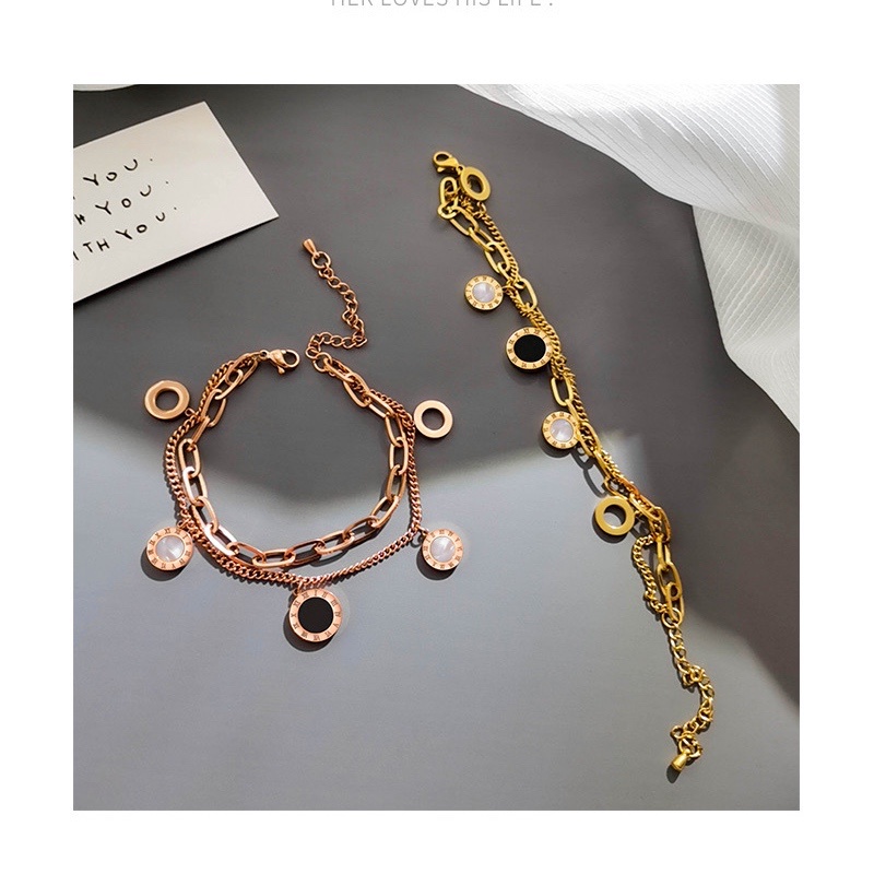 Gelang Double Layer Bulat Dengan Rumbai Geometris Waterproof Anti Alergi 18K Rose Gold