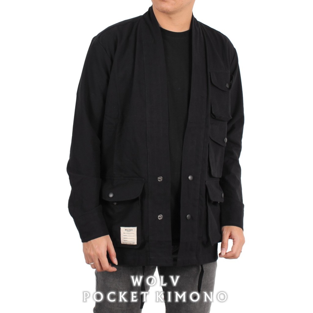 WOLV ORIGINAL KIMONO KEMEJA POCKET Pakaian pria canvas kemeja kimono warna HITAM seri art KMS301