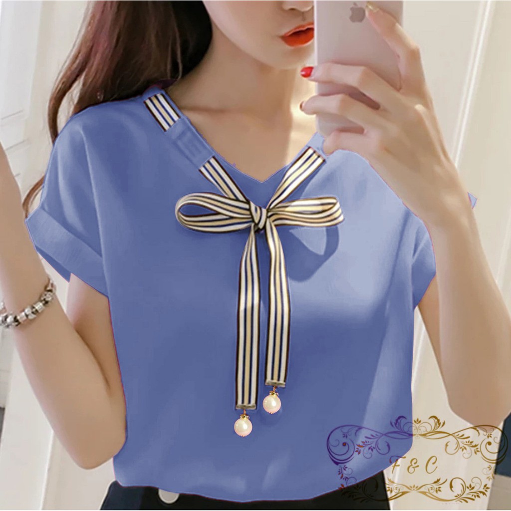 BISA COD - BLOUSE LAURA Blouse Korean Style Wanita Remaja Atasan Kaos Blouse Wanita Dewasa Lengan Pendek Bahan Balotelly-Biru Pastel