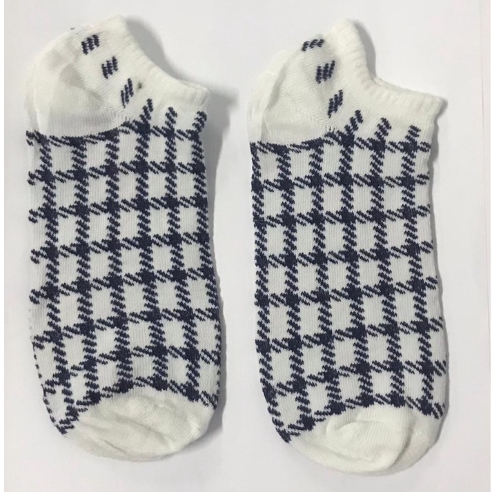 ⭐Gogoland⭐ Kaos Kaki Wanita Fashion Motif Strawberry Bunga Lebah Bee Kotak Biru Navy  Bunga Biru Green Leaf  Polos Pattern Garis Kaoskaki Pendek Korea Sock Import KK001-006-K3 PUTIH KOTAK