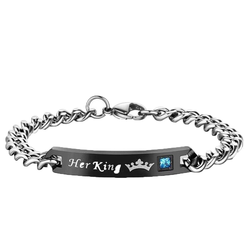 Canaan Gelang Tangan Rantai Titanium Steel Motif Tulisan His Queen / Her King Untuk Pasangan / Pria / Wanita