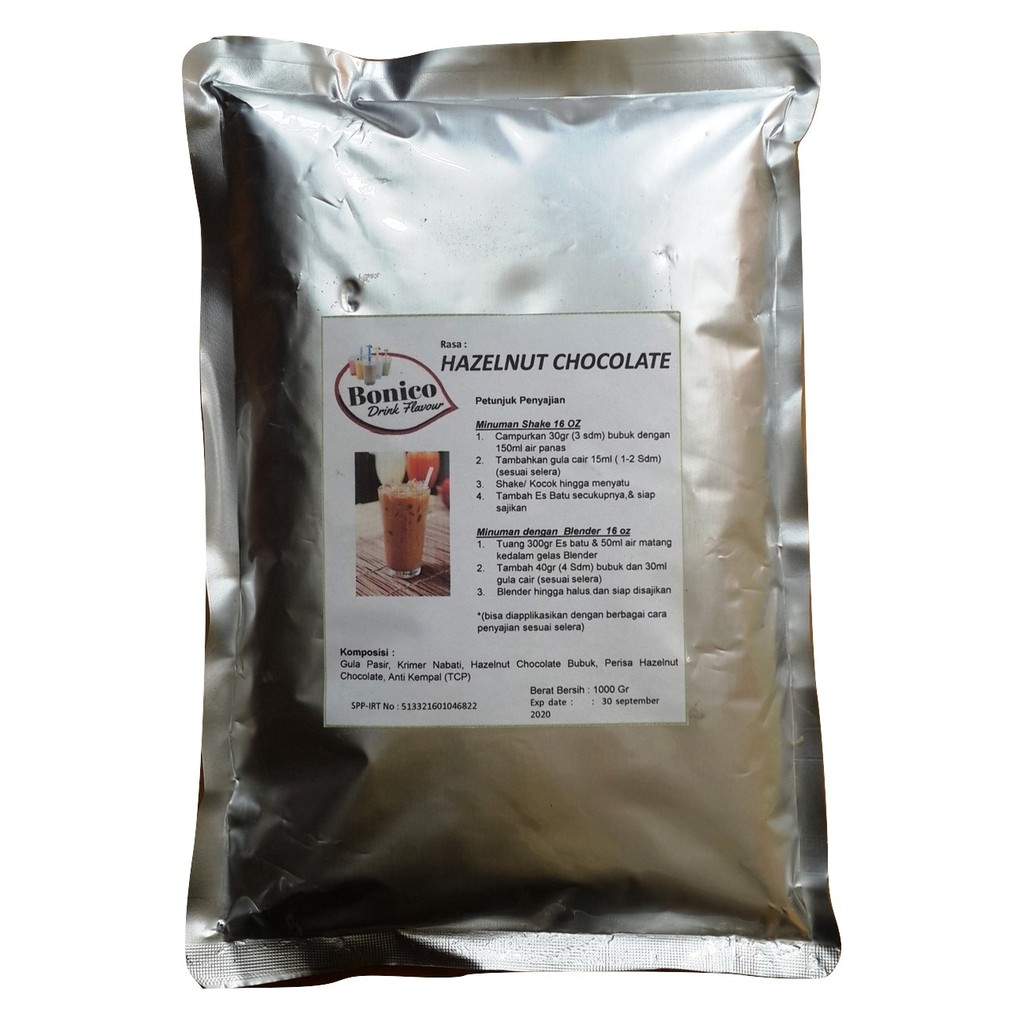 

BONICO HAZELNUT CHOCOLATE DRINK POWDER 1kg tepung serbuk bubuk minuman instan rasa kekinian ice blend milk shake cokelat COKLAT HAZELNAT 1000gr grosir distributor produsen cokelat