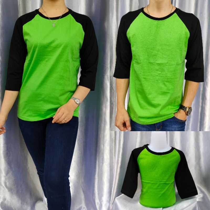 Kaos polos Raglan HIJAU PUCUK-HITAM lengn 3/4 Uk M L XL XXL 20 22 S